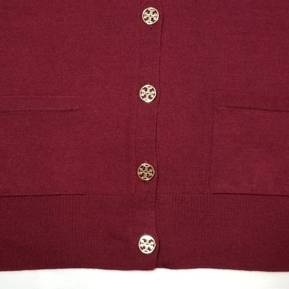 NWT Tory Burch Madeline 100% Merino Wool Cardigan Garnet Red‎ Logo Button XS